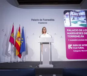 Esther Padilla en rueda de prensa en el Palacio de Fuensalida tras un Consejo de Gobierno