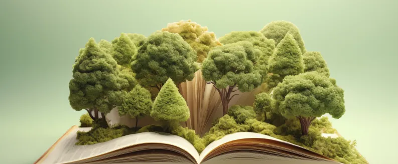 Libro abierto del que emergen árboles y vegetación en miniatura, creando un bosque tridimensional que simboliza la relación entre naturaleza y conocimiento.
